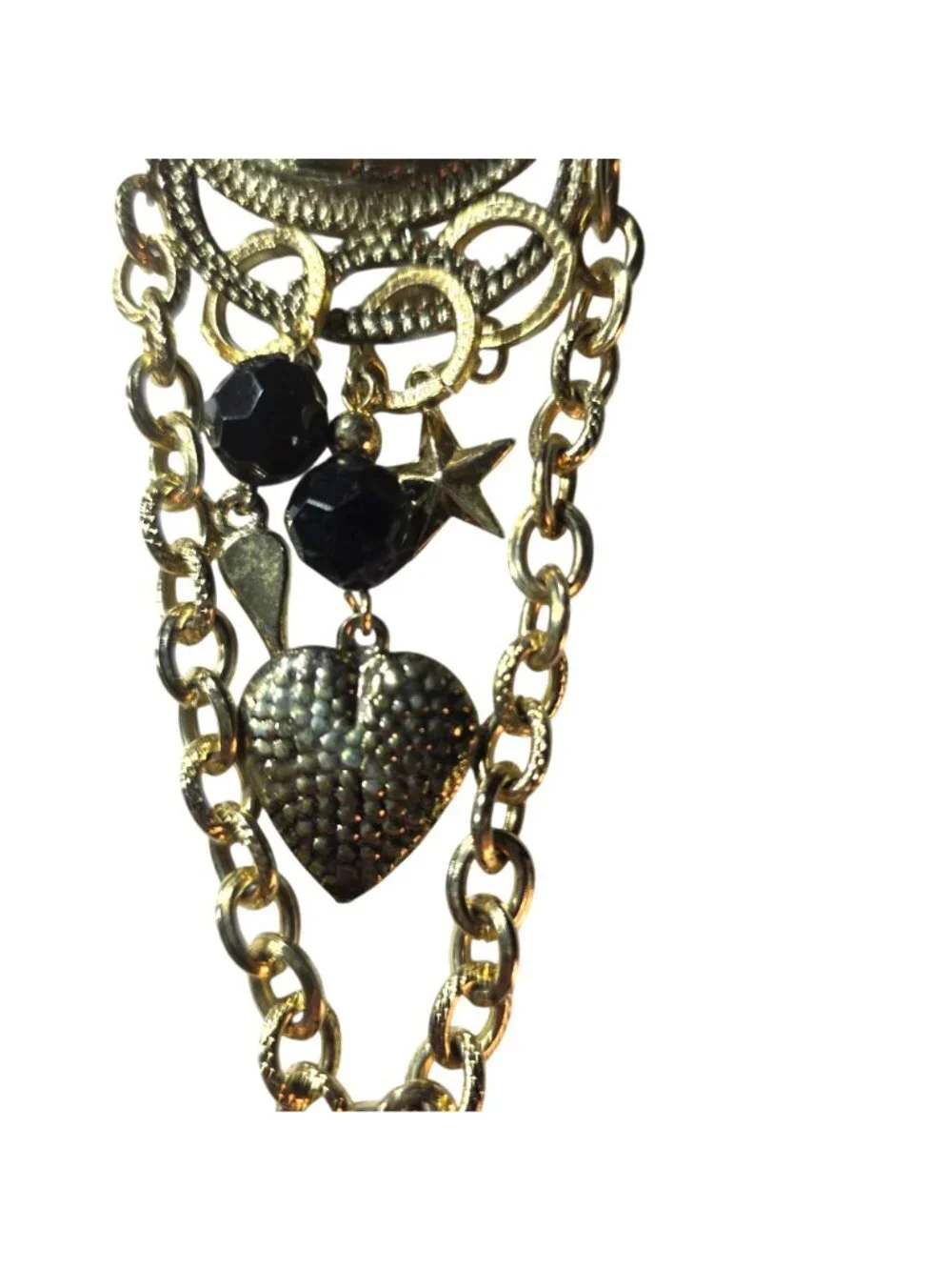Vtg Gold Tone Brooch Brown Cabochon Black Beads  Heart Charms Chain Dangle MCM